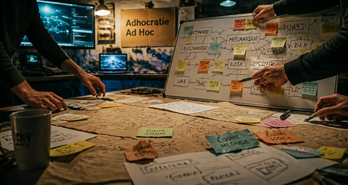 Adhocratie vs bureaucratie : collaborateurs en action, schémas et post-it