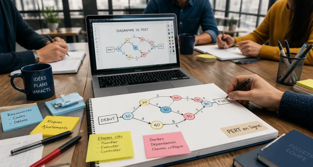 diagramme de pert en ligne sur ordinateur en équipe