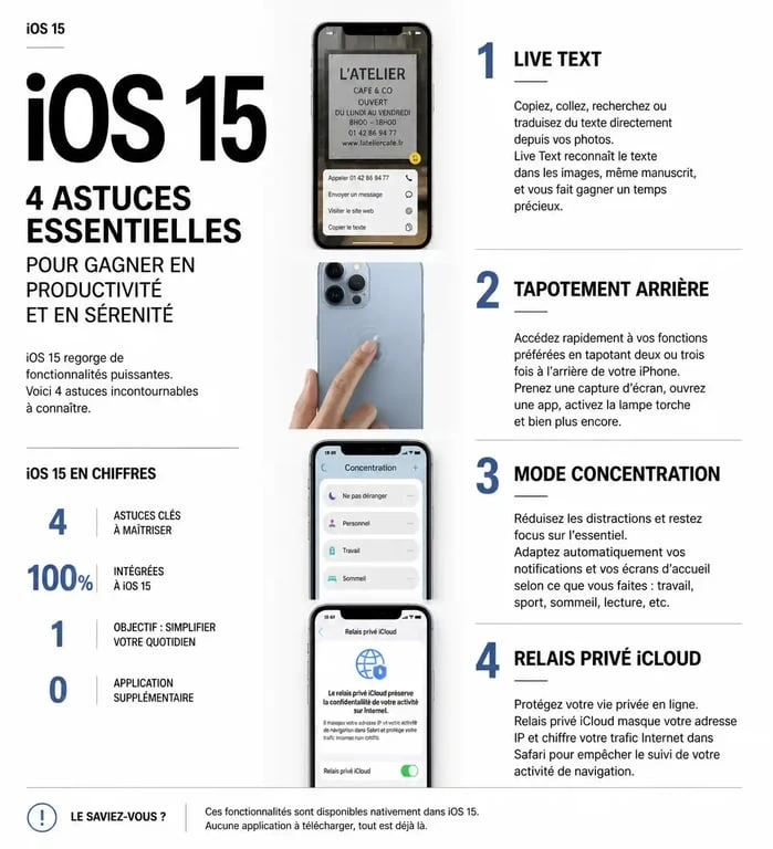 Infographie des astuces iOS 15 pour optimiser votre iPhone