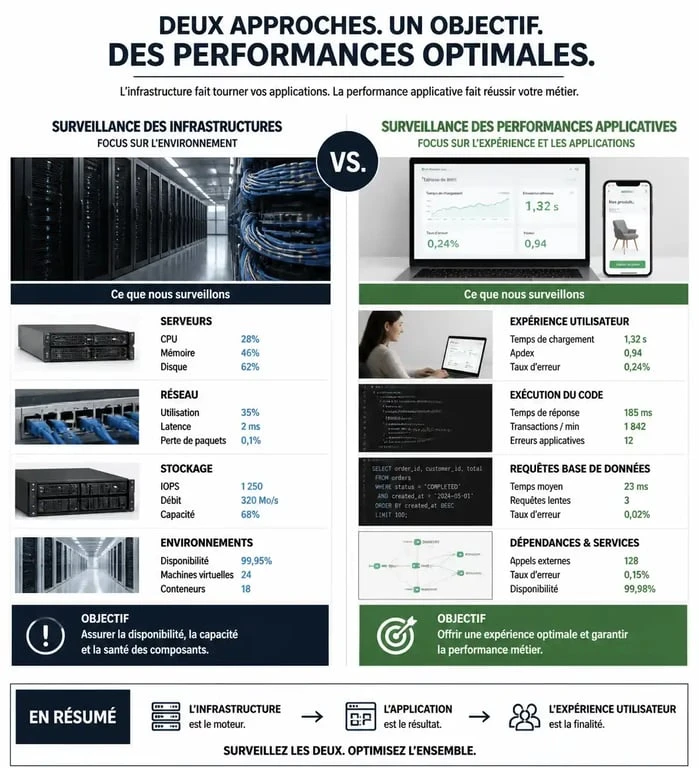 Schéma comparatif entre supervision d'infrastructure et supervision applicative APM