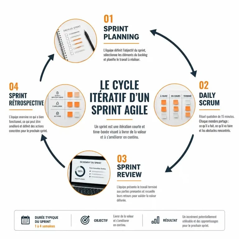Schéma du cycle de sprint en gestion de projet agile illustrant les quatre rituels clés.