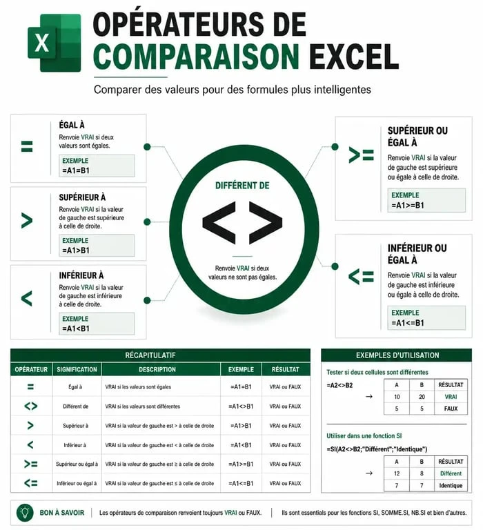 Tableau récapitulatif des opérateurs de comparaison Excel incluant le signe différent
