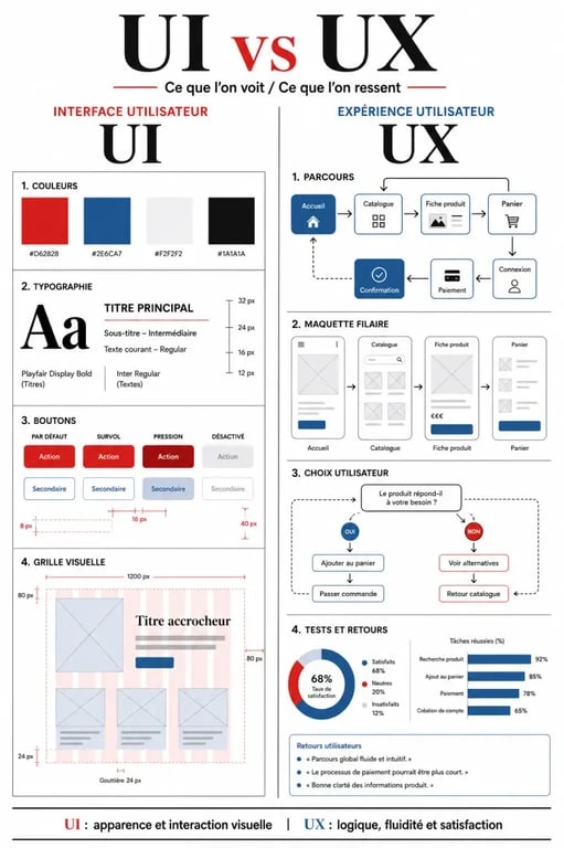Comparatif visuel entre UI et UX design pour comprendre la définition de l'UI