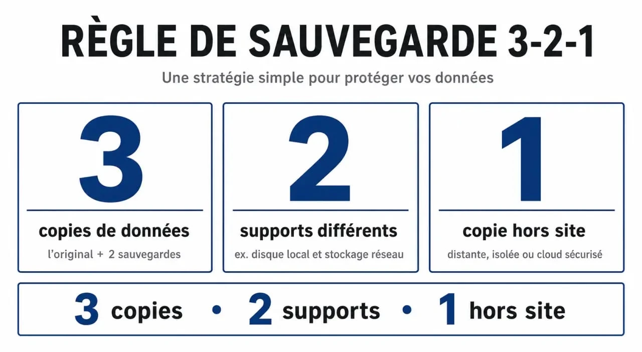 Infographie expliquant la règle de sauvegarde 3-2-1 pour protéger son PC