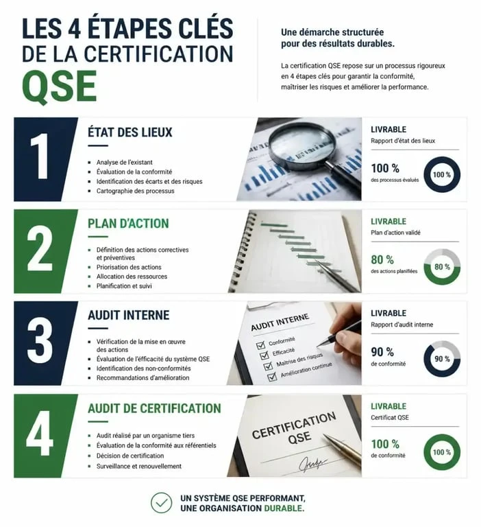 Infographie des étapes de la certification QSE : diagnostic, plan d'action, audit interne et audit de certification.