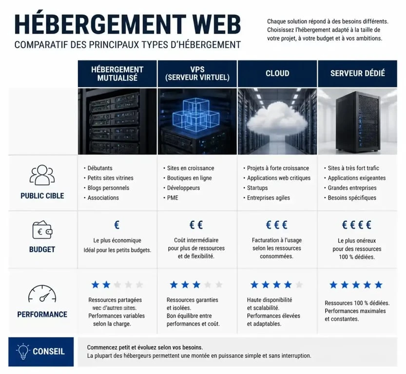Infographie comparative des solutions d'hébergement web pour savoir comment héberger un site web efficacement