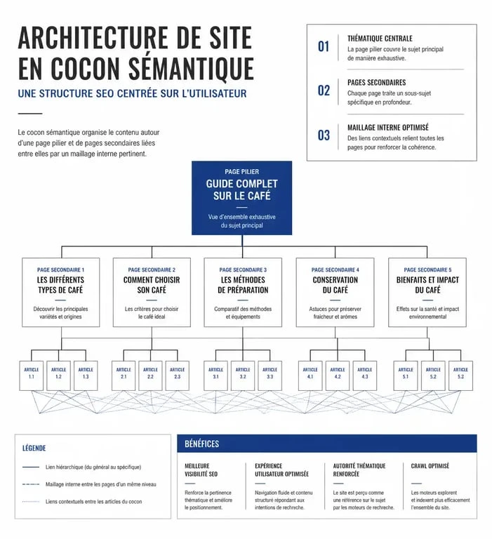 Schéma illustrant une structure de site optimisée en cocon sémantique pour une formation maillage interne