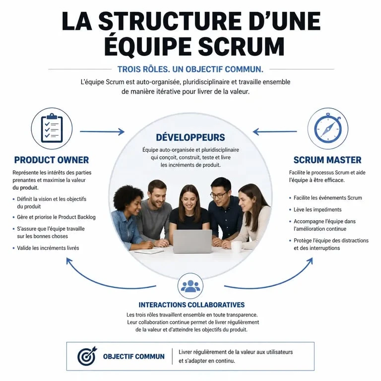 Schéma de la composition et des interactions au sein d'une équipe Scrum performante
