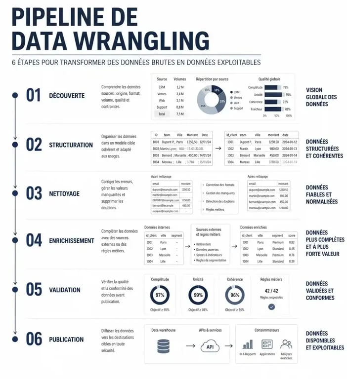 Infographie des 6 étapes du processus de data wrangling pour la préparation des données