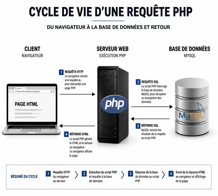 Schéma du fonctionnement d'un cours en PHP et du cycle de vie d'une requête serveur