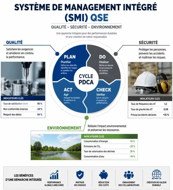 Schéma du système de management intégré QSE et cycle PDCA pour la certification