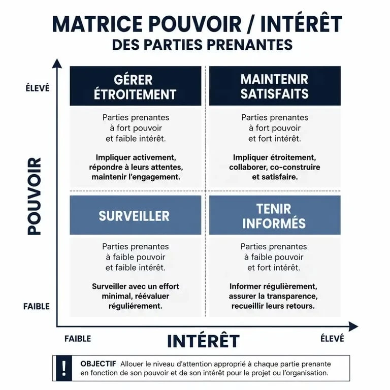 Infographie de la matrice Pouvoir/Intérêt pour la gestion des parties prenantes en entreprise