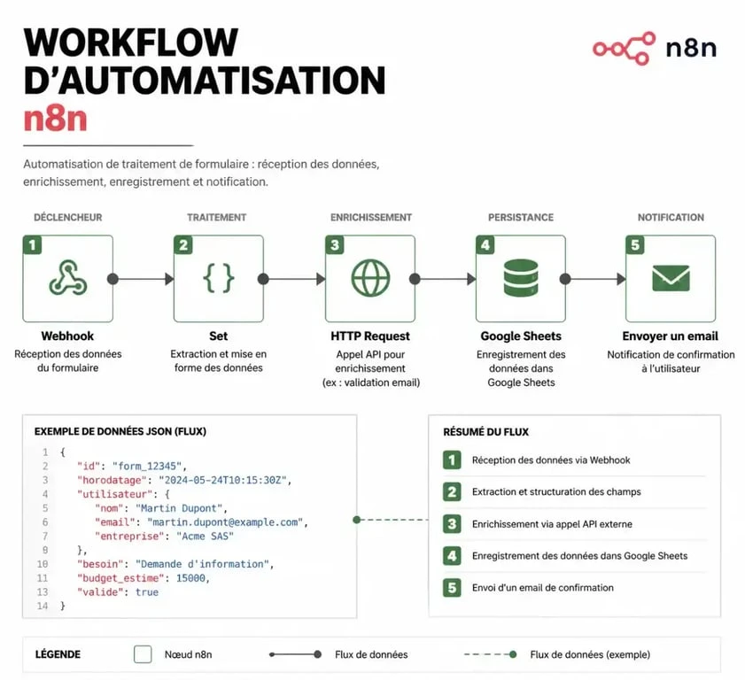 Schéma de fonctionnement d'un workflow n8n pour la formation n8n