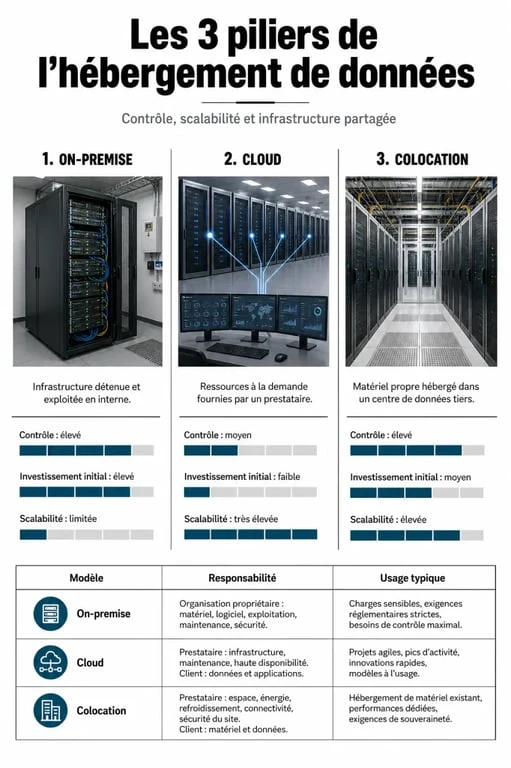 Infographie sur les solutions d'hébergement de données : on-premise, cloud et colocation pour entreprises.