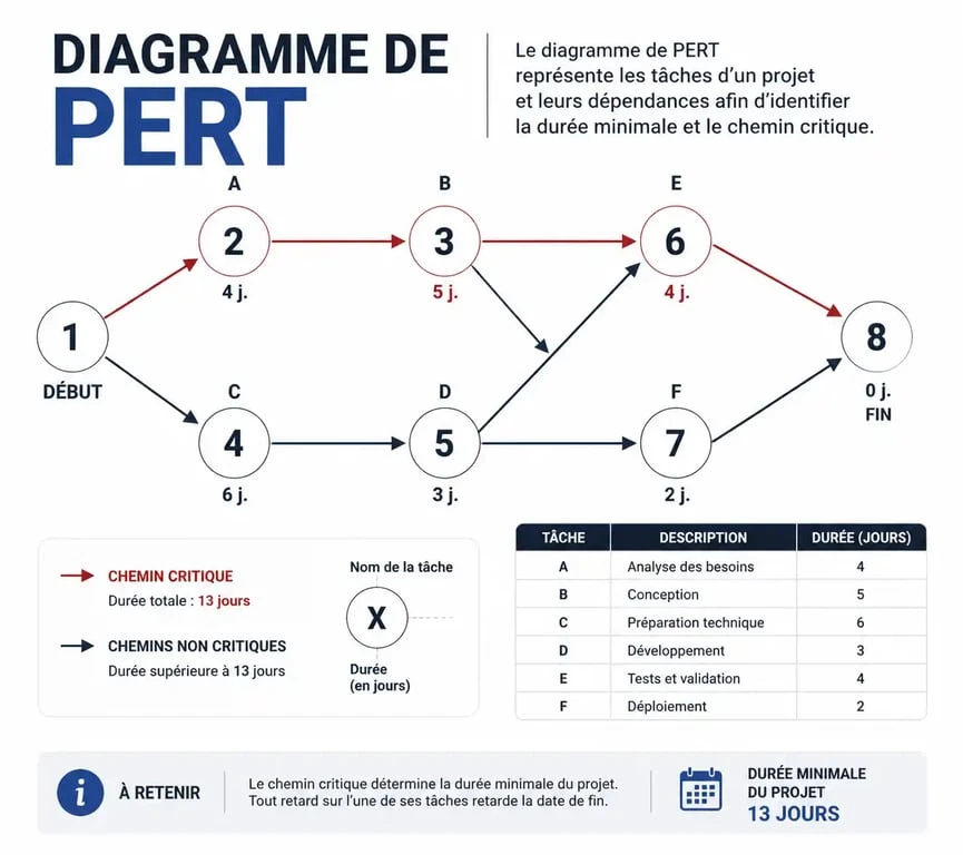Schéma illustrant le fonctionnement d'un diagramme de PERT en ligne avec identification du chemin critique