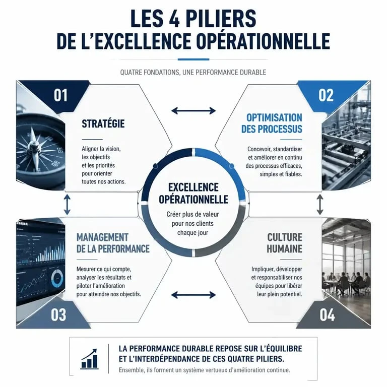 Schéma des 4 piliers de l'excellence opérationnelle : stratégie, processus, performance et culture humaine