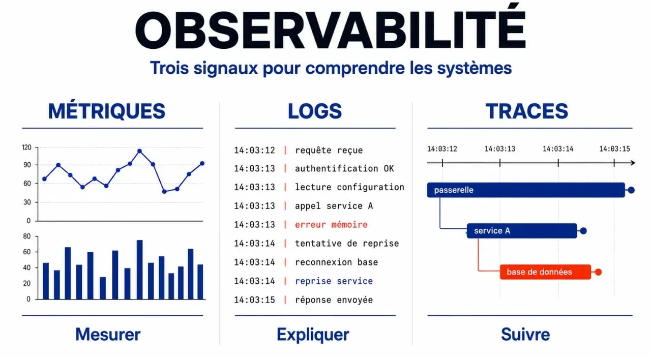 Infographie illustrant les trois piliers de l'observabilité informatique : métriques, logs et traces pour une meilleure gestion des systèmes d'information.