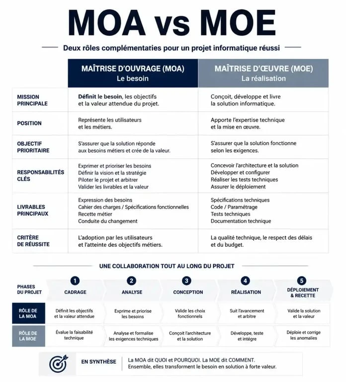 Infographie comparative entre la Maîtrise d'Ouvrage MOA et la Maîtrise d'Œuvre MOE en informatique