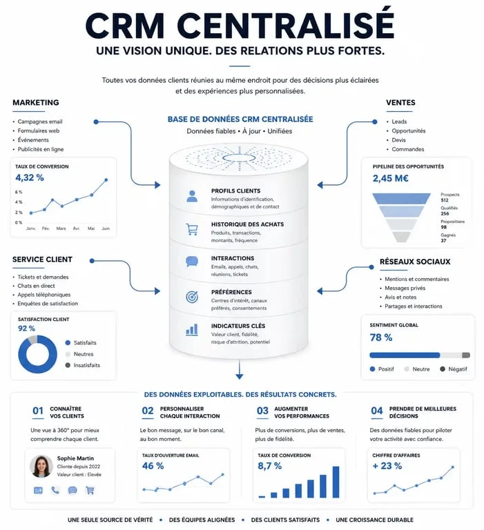 Schéma de fonctionnement d'une base de données CRM centralisée pour l'optimisation de la relation client