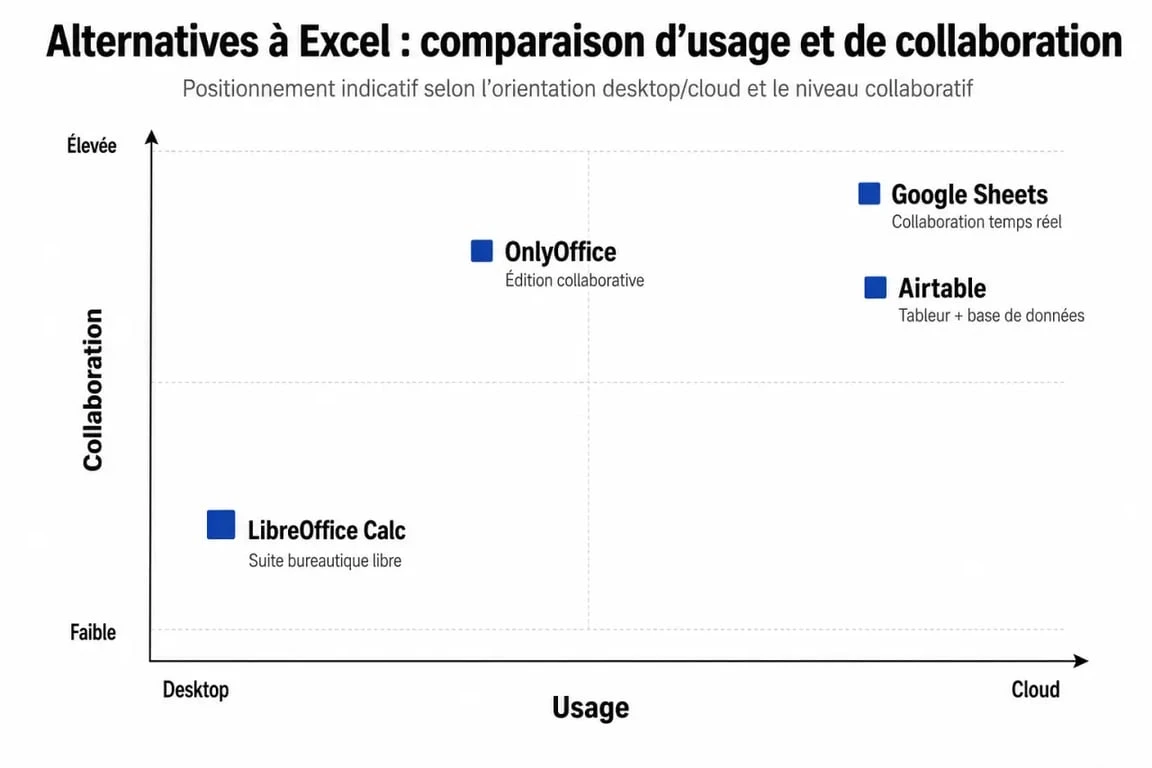 Comparatif des meilleures alternatives à Excel : LibreOffice, Google Sheets, OnlyOffice et Airtable pour choisir le bon logiciel.
