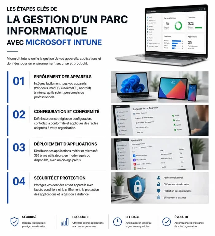 Schéma des étapes de gestion d'un parc informatique avec la formation Intune