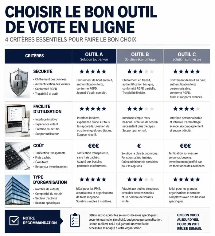Infographie comparative des critères de choix pour un outil de vote en ligne sécurisé et efficace
