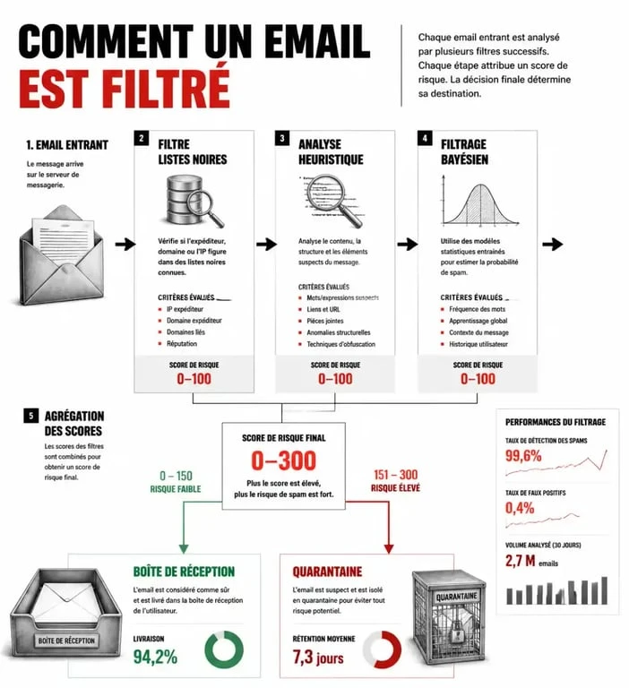 Schéma du fonctionnement d'un filtre anti-spam pour la protection des emails