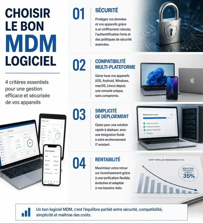 Infographie des critères de choix pour un logiciel MDM : sécurité, compatibilité, déploiement et coût.
