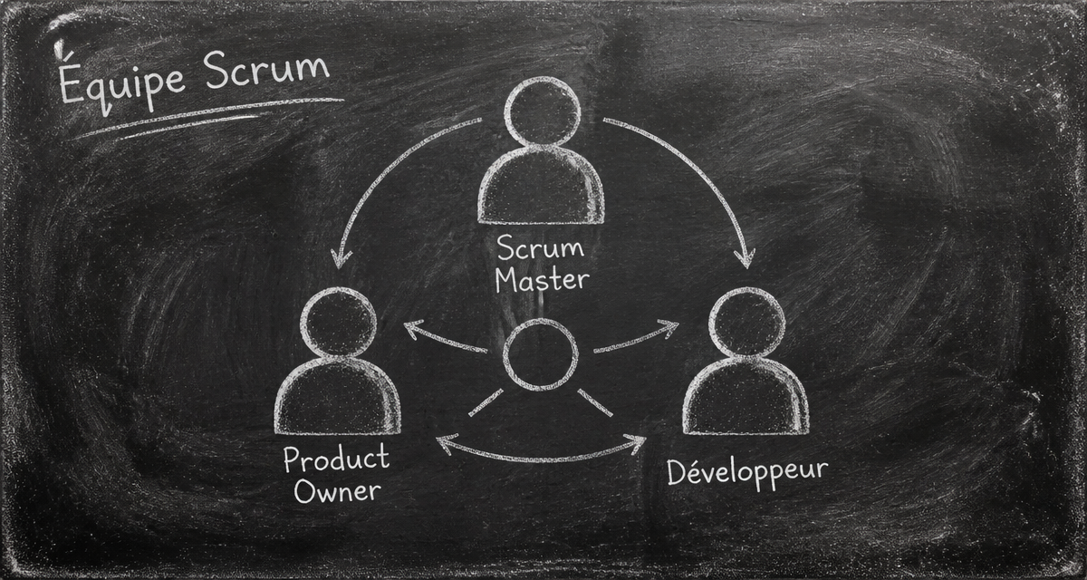 equipe scrum trois roles schema craie