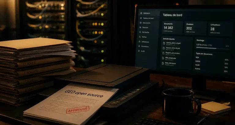 GED open source : interface admin sans logo et documents scannés sur bureau