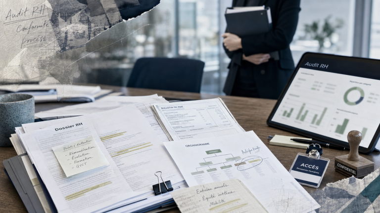 Audit RH : dossiers RH et tableau de contrôle en salle de réunion