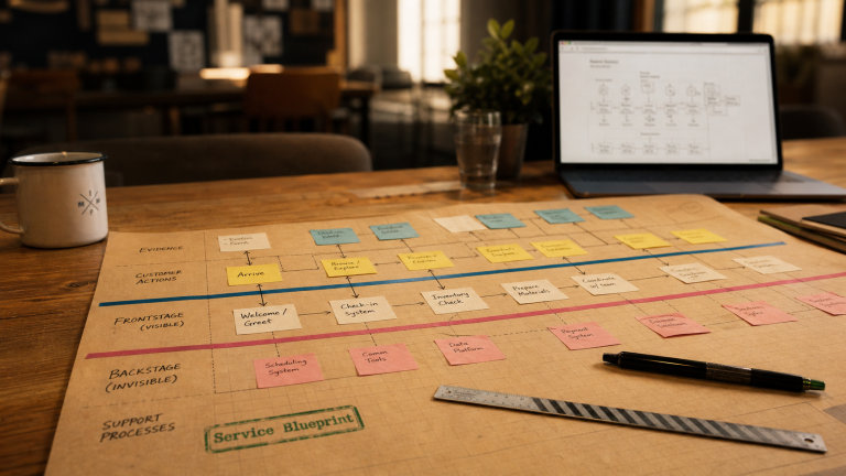 Blueprint UX design : frontstage, backstage et frictions invisibles (service blueprint)
