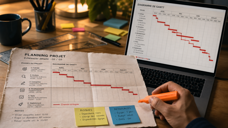 Chemin critique gantt : tâches qui fixent le délai