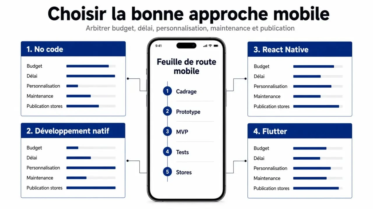 App mobile sur mesure : comparaison visuelle entre no code, React Native, Flutter et développement natif