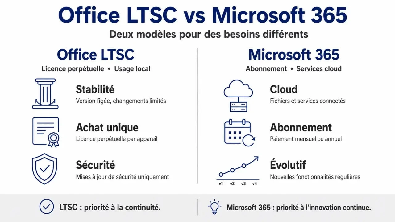 Infographie comparative entre Office LTSC et Microsoft 365 pour les entreprises