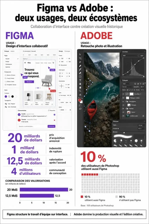 Figma Adobe : infographie comparative des usages, chiffres clés et complémentarité entre les deux outils