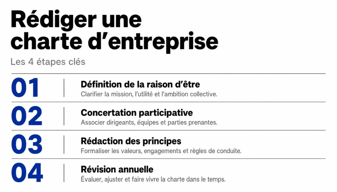 Infographie des étapes de rédaction d'une charte d'entreprise pour un exemple de charte réussi