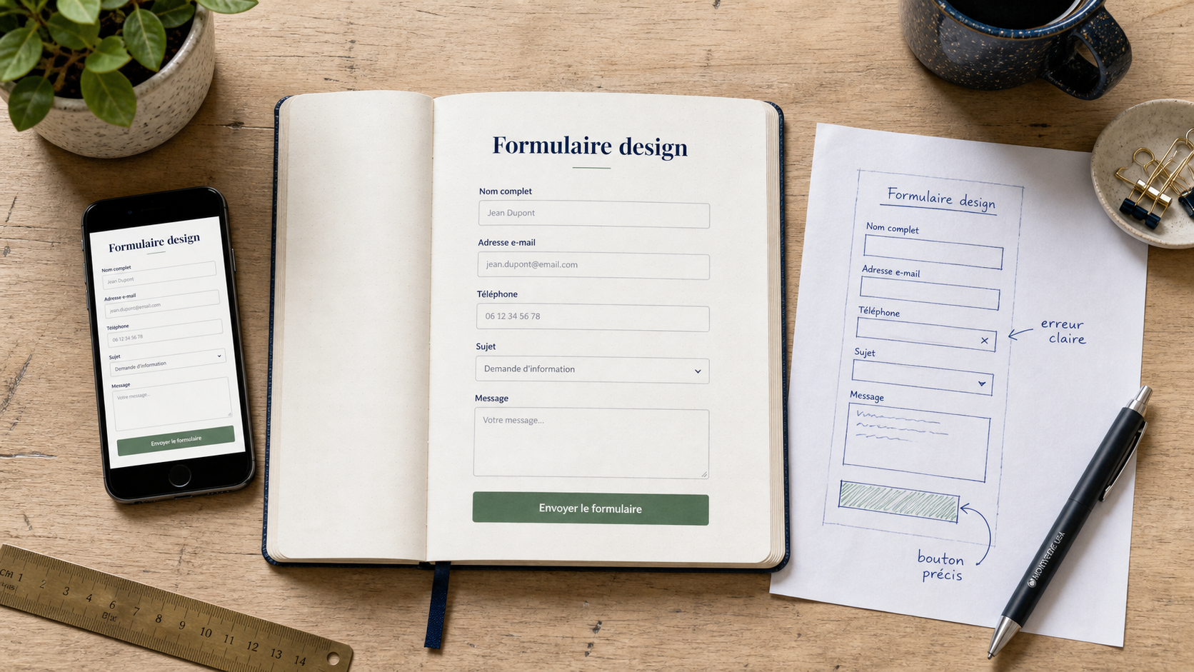Formulaire design en une colonne : champs, erreurs et bouton précis