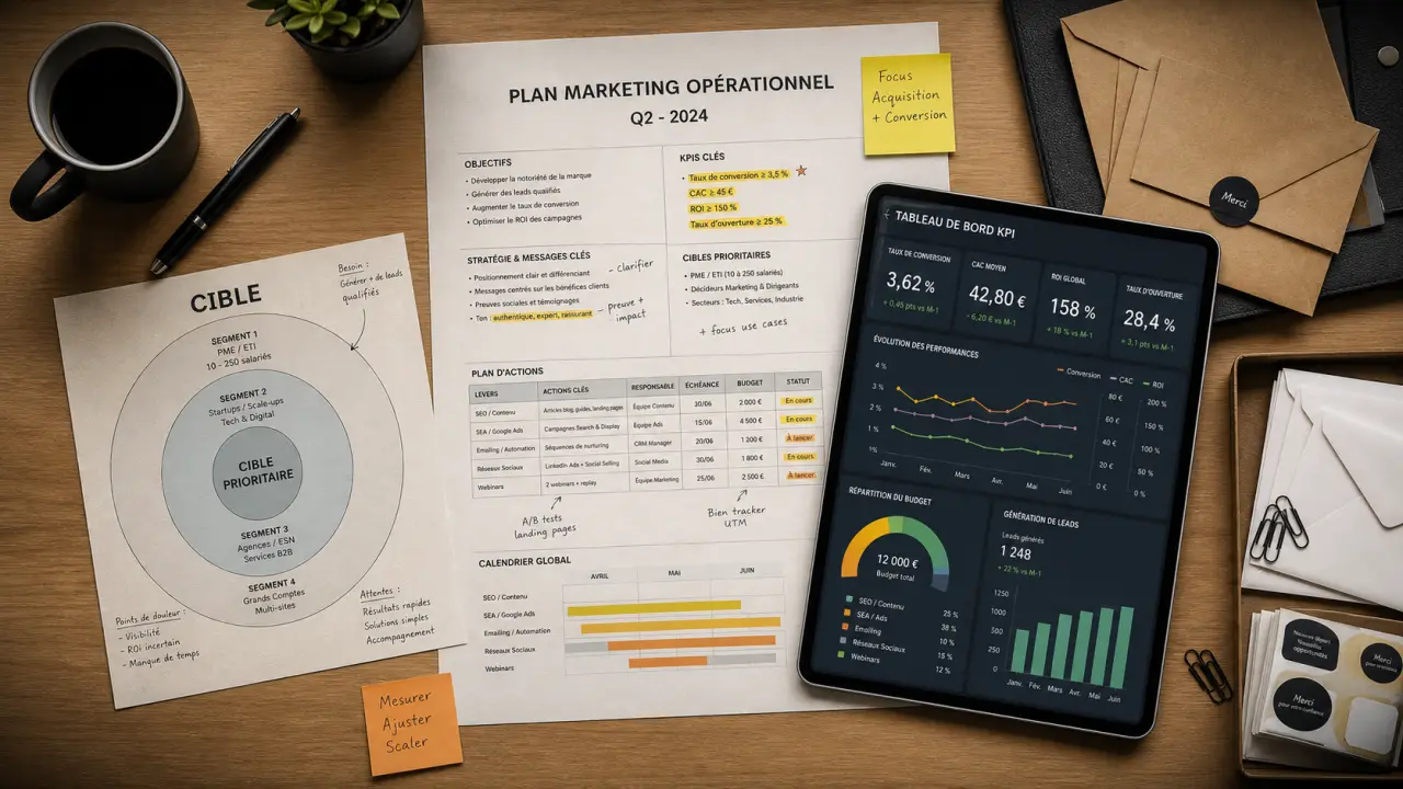 Marketing opérationnel : tableau KPI, cibles et mailing pour ventes