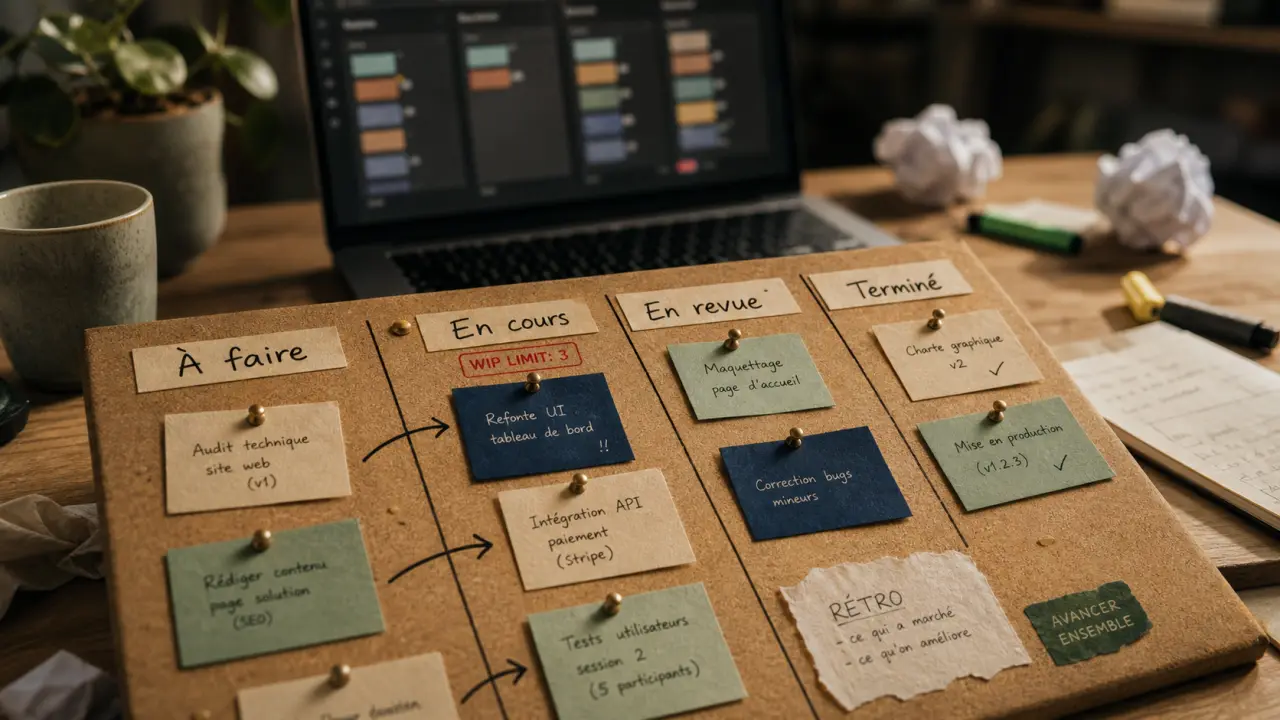 Outil kanban sans empiler : tableau et cartes en cours, WIP limité
