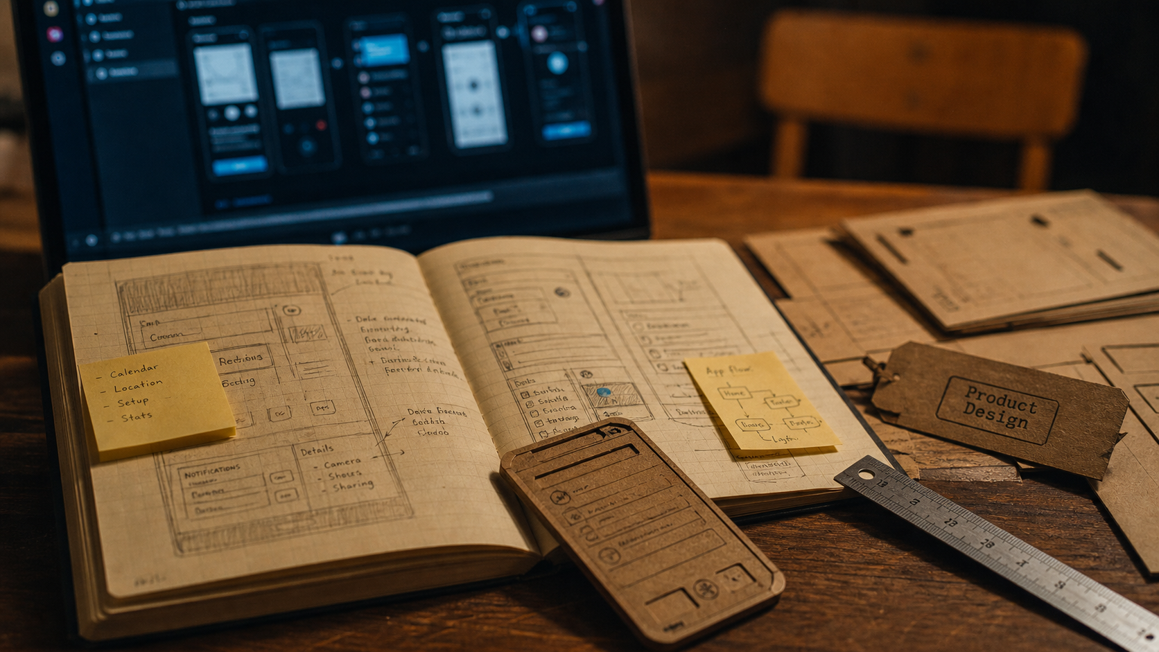 Product design and : prototype et wireframes sur table de bureau