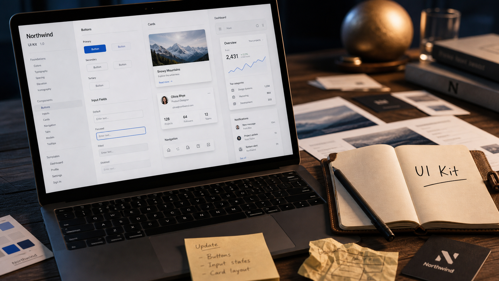 UI kit sur table en bois : composants UI et icônes pour interface cohérente