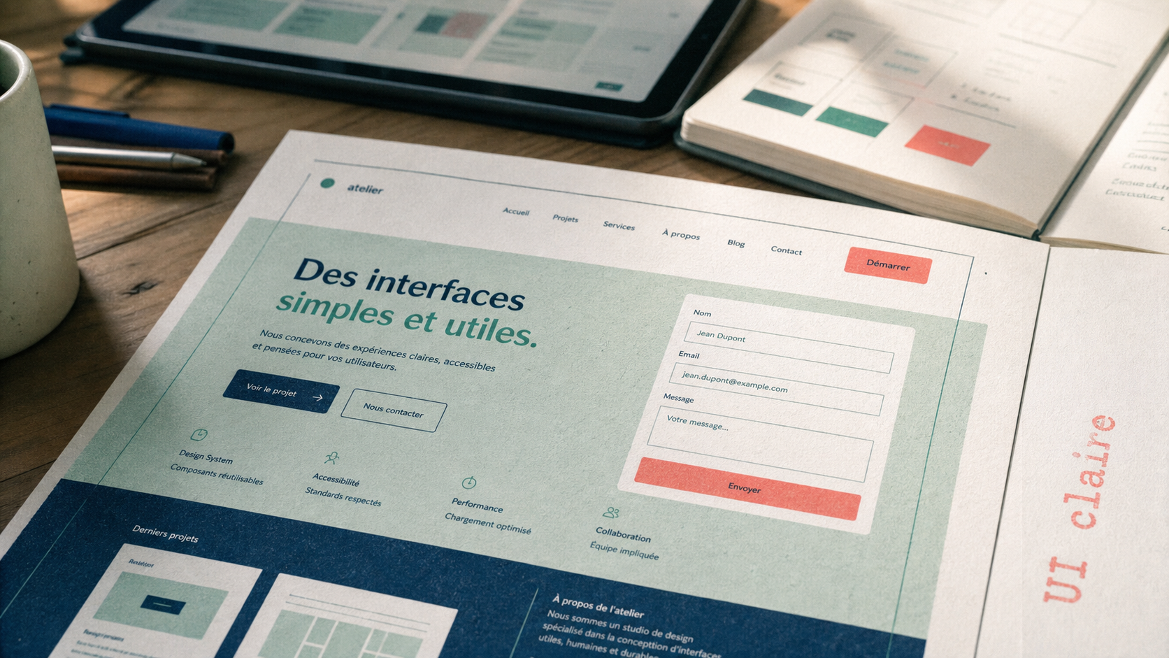 UI site claire : maquette web avec menu et formulaire
