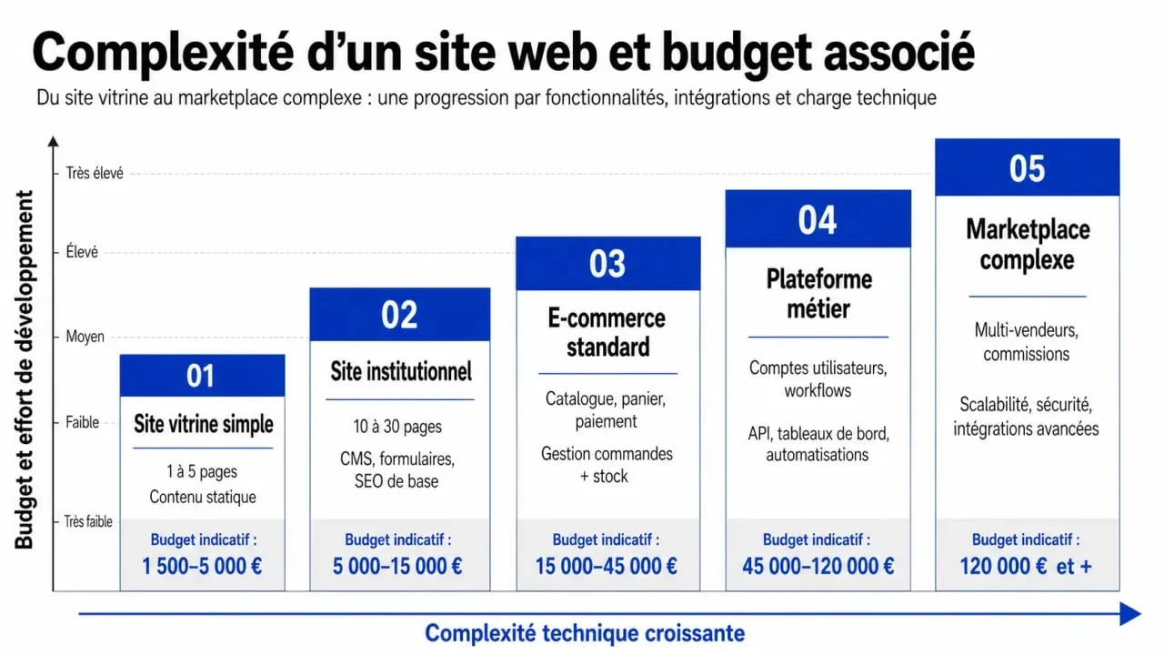 Graphique illustrant les paliers de prix et la complexité d'un site web sur mesure