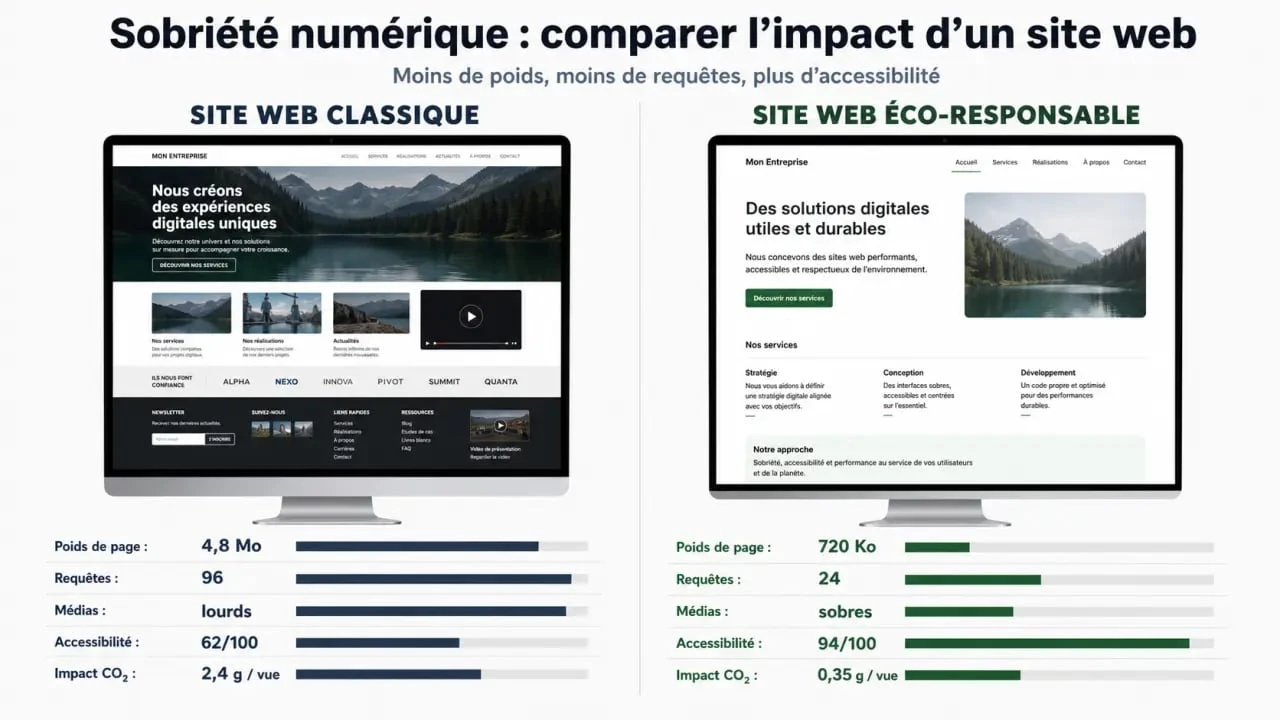 Comparatif visuel d’un site web eco responsable avec indicateurs de poids, requêtes, accessibilité et impact CO2