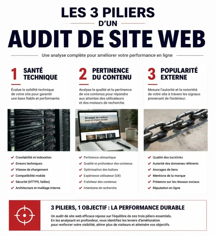Infographie des trois piliers d'un audit de site web pour le SEO