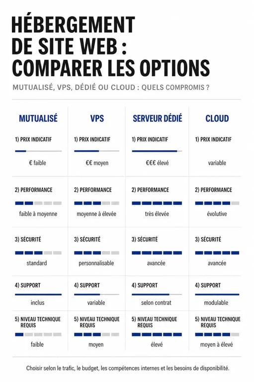 Infographie comparative sur l'hebergement site web entre mutualisé, VPS, dédié et cloud
