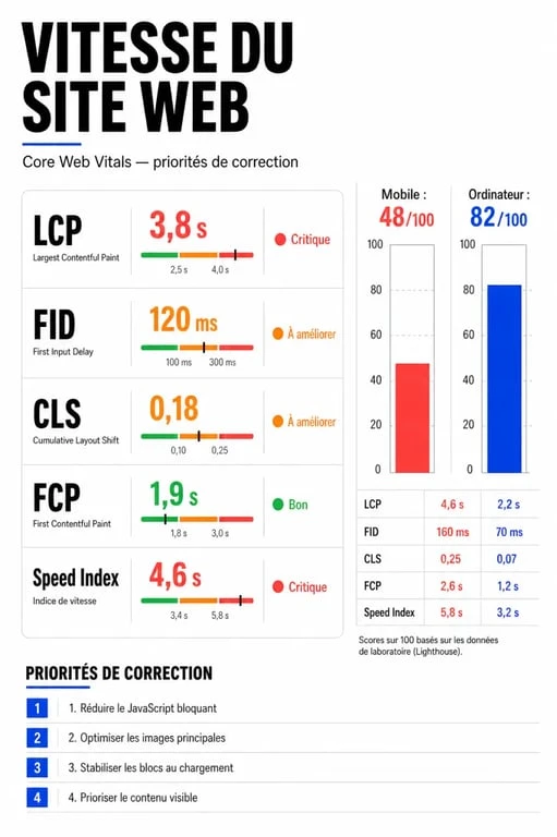 Speed site web : tableau de bord des Core Web Vitals et comparaison mobile desktop