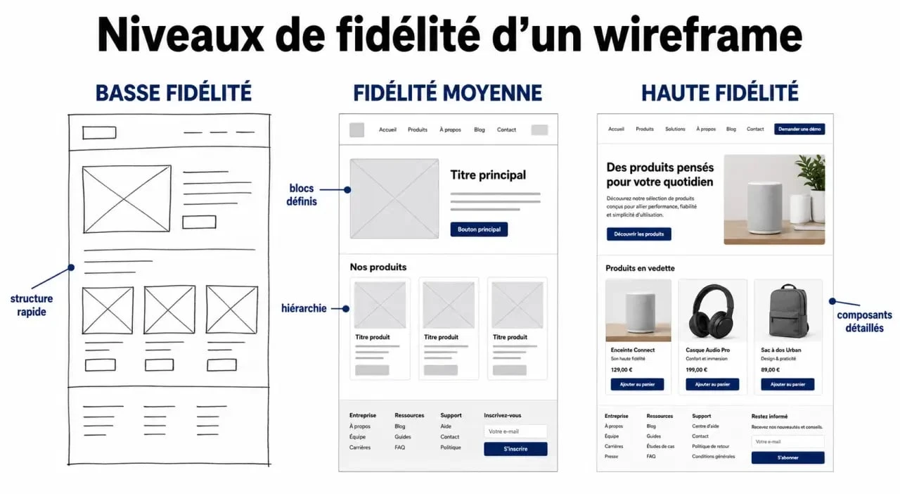 Comparaison de wireframe site web en basse, moyenne et haute fidélité