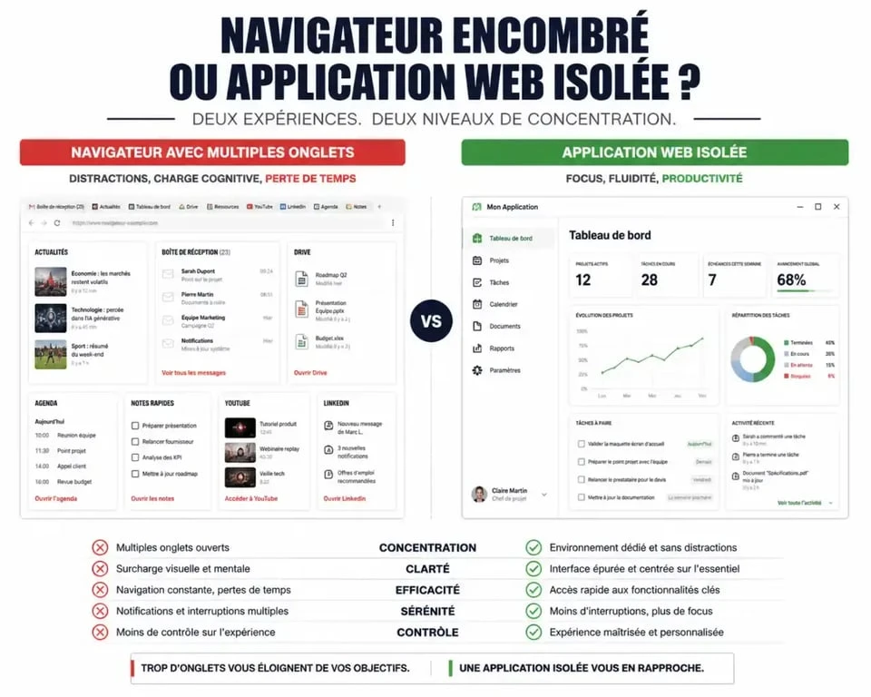 Comparaison visuelle entre un navigateur avec onglets et une application web autonome pour transformer site web en application windows
